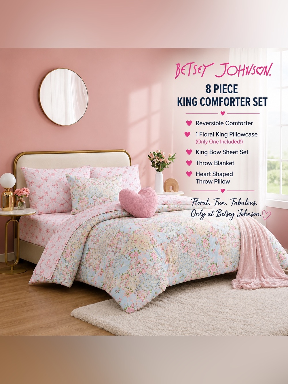 Betsey Johnson King 8-Pc Comforter Set Floral Butterfly Hearts Bow Sheets